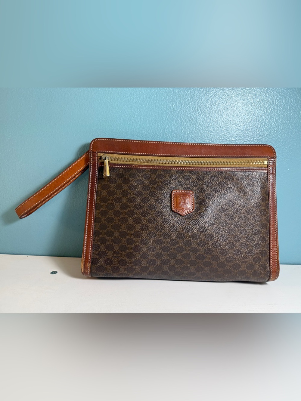 CELINE Macadam Triomphe Brown Clutch Wristlet Bag Gold Hardware Vintage